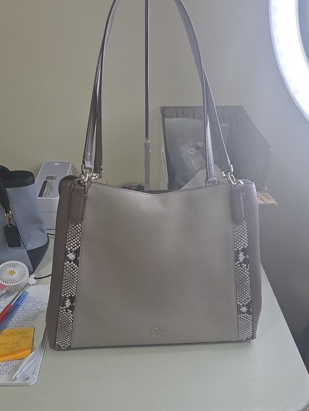 kate spade Taupe Shoulder Bag with Snake-Print Trim